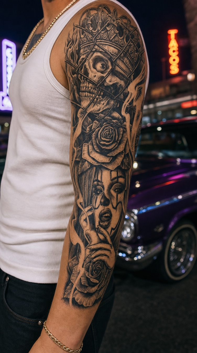 Tatuaj temporar cu craniu, coroană și flăcări, model Frumusețea Întunecată, aplicat pe piele